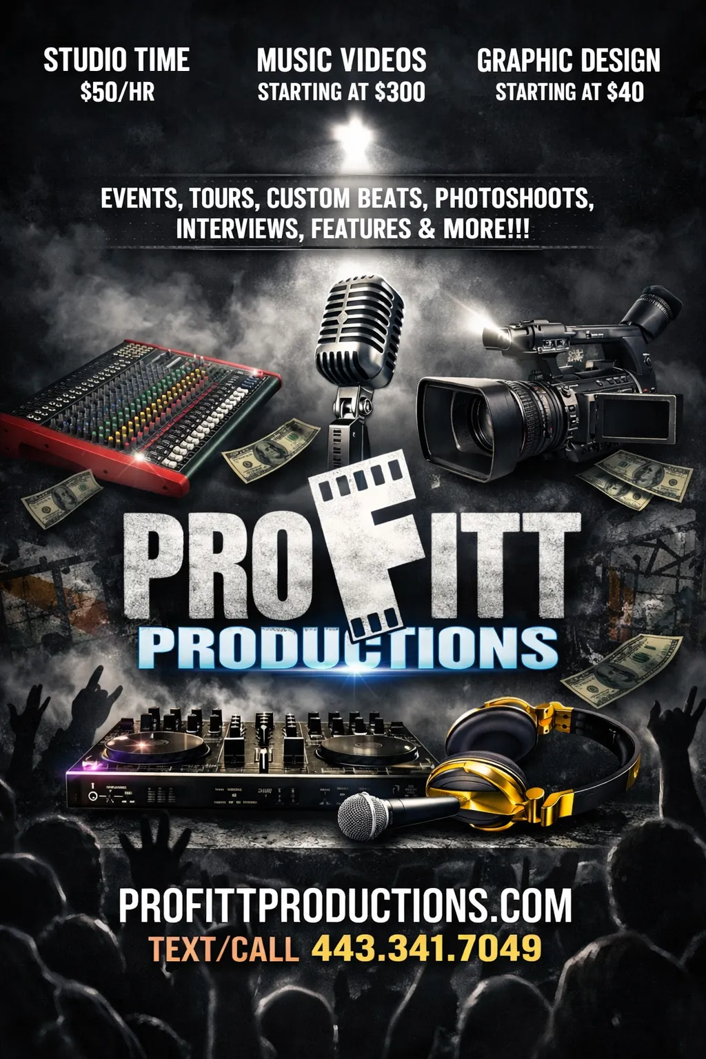 Profitt Productions services and pricing: studio time $50/hr, music videos from $300, graphic design from $40